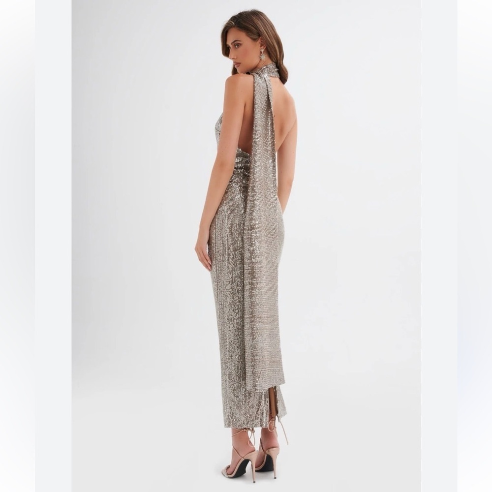 NWT Lavish Alice ALANNI Stretch Sequin Scarf evening gown Silver brown size 2 - Picture 5 of 16